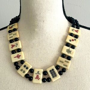 Vintage Smithsonian Mah-Jong Tile Onyx Beaded Necklace